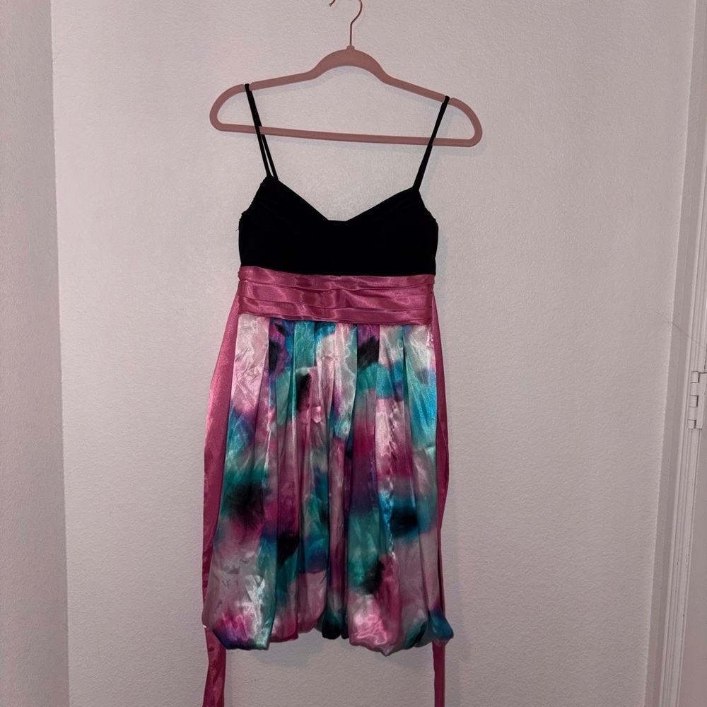 City Triangles Black Bodice Pink Sash Multicolor Watercolor Dress